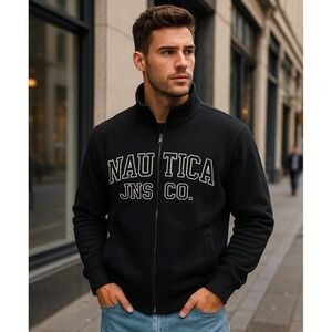 Nautica Jeans Co. Vintage Full-Zip Track Jacket Black with Red‎ Lining Size L